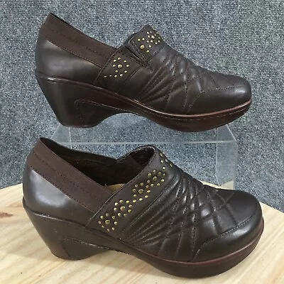 J-41 Adventure On Shoes Womens 8.5 Heels Slip On Clogs Brown Leather Closed Toe • $8