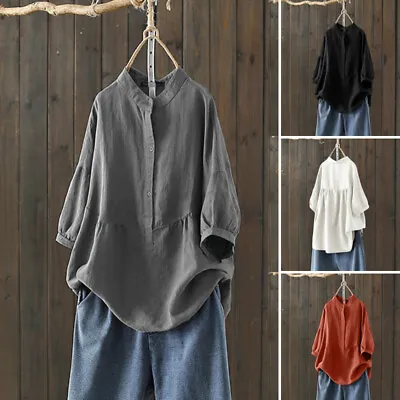 Women Cotton Button Up Casual Shirt Tops High Low O-Neck Oversized Solid Blouse • $41.88