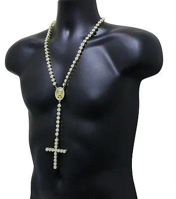 Mens Iced Rosary Necklace Cluster Cross Pendant 14k Gold Plated Cz Chain Hip Hop • $19.99