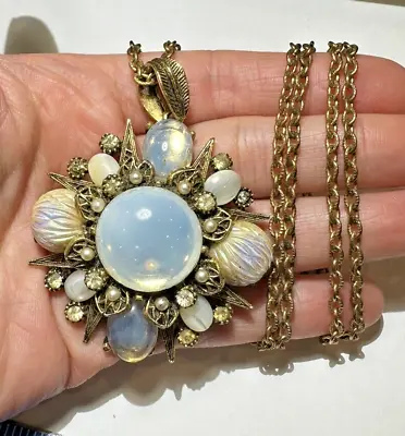 Vintage ART Exquisite Opaline Glass Bead Pearl Maltese Cross Pendant Necklace • $64.99