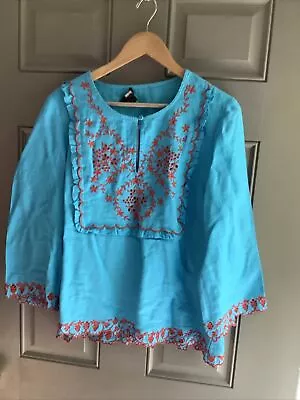 J. Crew Women's Embroidered Linen Tunic Blouse Monaco Blue Red Embroidery Large • $75