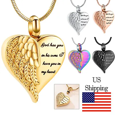 Angel Wing Heart Urn Necklace Locket Memorial Cremation Jewelry For Ashes Holder • $9.99