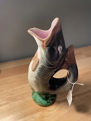 Antique Majolica Gurgling Fish Pottery Jug Pitcher Chip On Lip Bright Colors • $185