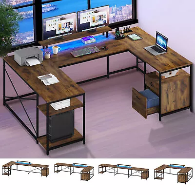 LED U Shaped Computer Gaming Desk Reversible Desk W/ Power Outlet Monitor Stand • $179.99