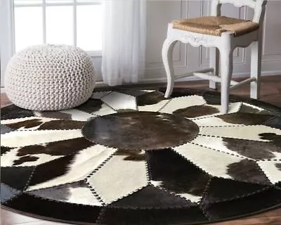 New Handmade HairOn Fur Leather Cowhide Round Rug Cow Skin Carpet Patchwork Area • $479.99