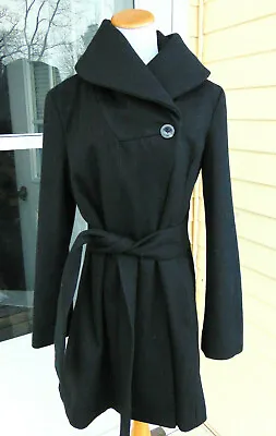 Merona Women's Black Wool Blend Belted Coat Wool Trench Coat Wool Blend Jacket~L • $37