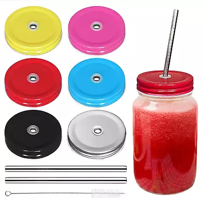 6 Pack Metal Drinking Lid With Straw Hole And Straws Compatible With Mason Jar R • $13.03