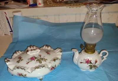 Miniature Moss Rose Tea Pot Oil Lamp With Burner And Ruffled Top Trinket Box • $9