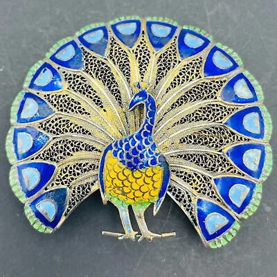Gold Over Silver Filigree Blue Enamel Peacock Pin 2.5  Brooch Vintage Unsigned • $45