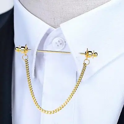 Mens Shirt Collar Bar Pin With Link Chain Brooch Pin Cravat Clasps 7cm Golden • £6.36