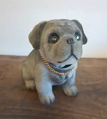 Vintage Fuzzy Flocked Bobblehead Nodder Dog Gray Pug Gold Collar • $15.99