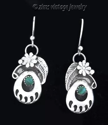 Vintage NAVAJO Sterling Silver Bear Paw Flower Feather Malachite Dangle EARRINGS • $5.99