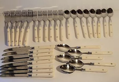 Vintage 34 Piece Stainless Flatware Set W/White Plastic Riveted Handles ~ Taiwan • $23