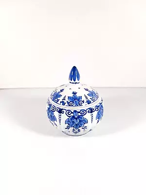 Vintage Blue Delft Covered Sugar Jar Box Ceramic Holland W/ Lid Floral Design • $24