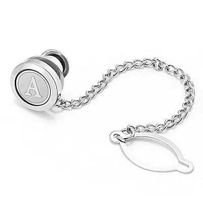 Mens Tie Pins With Chain Round Silver Wedding Business Initials A-Z Tie Clip ... • $17.83