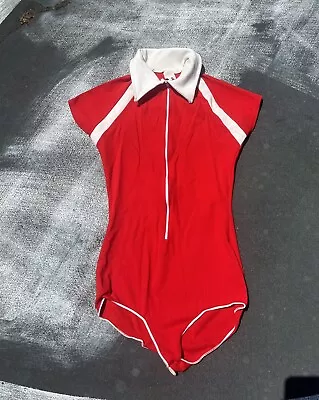 VINTAGE 70s WOMENS EXERCISE WORKOUT LEOTARD UNITARD BODYSUIT RED COLLARED SMALL • $29.99