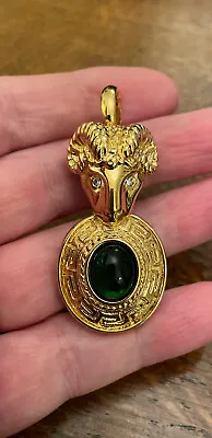 Vintage 90’s ‘Cabouchon’ Gold Plated Ram’s Head/Aries Green Stone Brooch/Pendant • £35