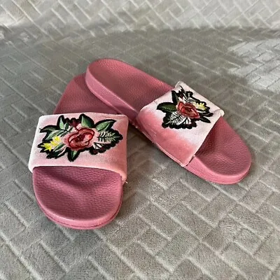 Yoki Slide Sandals Flats Pink Velvet Floral Rose Womens 8 • $15.29