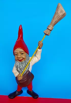 SCARCE Vintage  13.5  HARD PLASTIC GARDEN GNOME With BROOM Hand Painted • $44.95