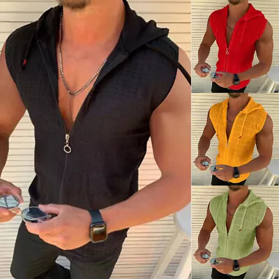 Mens Casual Hooded Tank Top Gym Sport Workout Sleeveless Zipper Pullover Vest • $14.57