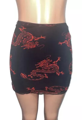 Y2K Black Mesh Red Dragon Mini Skirt Raver Party Gothic Fairy Fantasy New Club S • $10.90