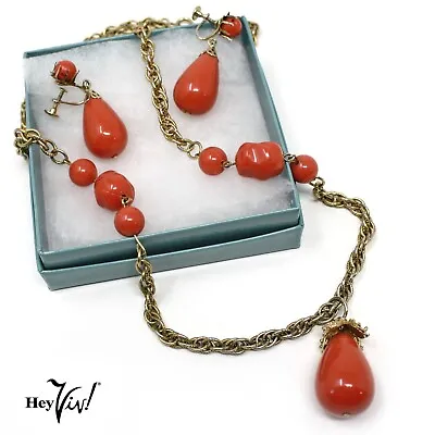 Dana Tyler Gold & Coral Bead Necklace & Screw Back Earring Set In Box - Hey Viv • $30