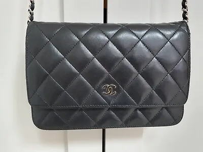 Authentic Classic Chanel Wallet On Chain Bag Black Lambskin Leather SHW • £2150