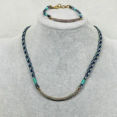 J. Crew Jewelry Set Pave Rhinestone Blue Cord Chain Gold Tone Necklace Bracelet • $22.95