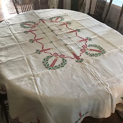 HTF Vintage Linen Christmas Cross Stitch Wreath & Candles Tablecloth 66”W X 84”L • $39.99