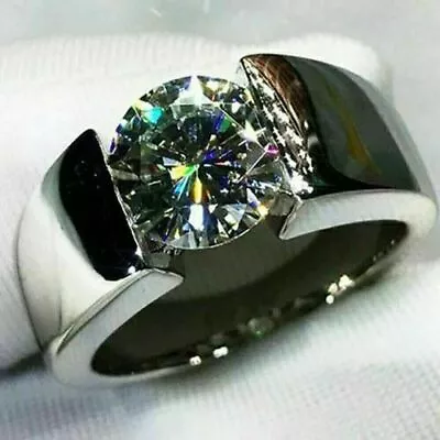 14K White Gold Plated 2Ct Round Cut Cubic Zirconia Engagement Men's Ring • $80.23