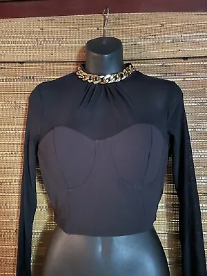 Privy Black Midriff Blouse With Sheer Sleeves Gold Necklace Embellishment Medium • $25