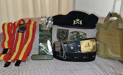 Lot8 Spanish Military Items. Birette Belt Knife Suspenders Patches. • $149