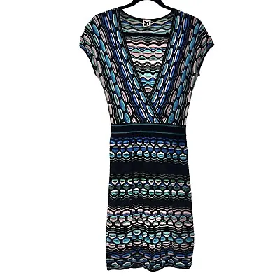 M Missoni V Neck Dress In Blue Puckered Wave Tonal Stripe Printed Knee Length • $50