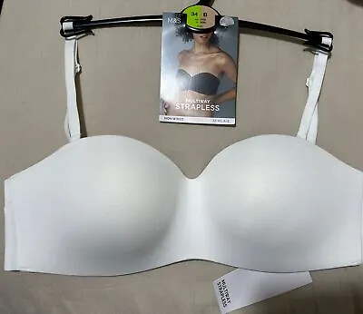 Ex M&S NON WIRED PADDED MOULDED CUPS MULTIWAY STRAPLESS BRA IN WHITE Size 34B • £14.99