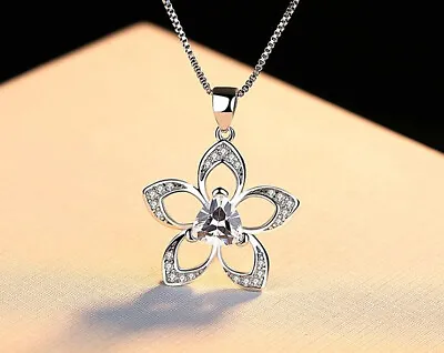 £3.49 • Buy Crystal Flower Pendant Necklace 925 Sterling Silver Chain Womens Jewellery Gift