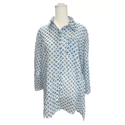 Roberta Roller Rabbit Shirt SZ M Abstract Blue Print Cotton Collar Buttons • £38.54