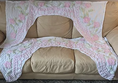 2 Vintage Chenille Curtain Curtains Valance Homemade From Bedspread Pink White  • $15