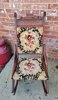 Antique Folding Rocking Chair Wool Floral Handmade Seat Back Carved Wood Accents • $152.99