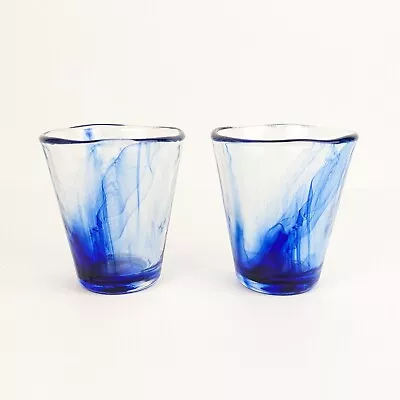 Bormioli Rocco Murano Blue Cobalt Swirl Glasses Flat Tumblers Set Of 2 4  9 Oz • $19.99