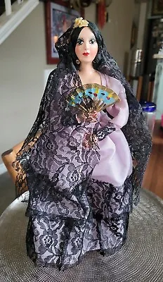 Vintage Munecos DOLL Mexican CARSELLE-Spanish Senorita 12  Lilac & Black Lace • $18