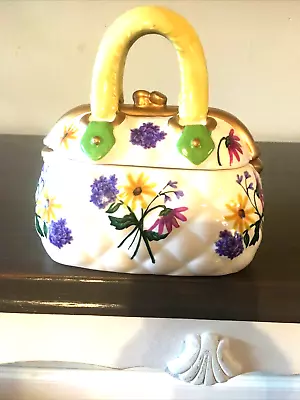 David’s Cookies Floral Purse Shaped Cookie Jar With Lid Small Ceramic As Is • $10.50