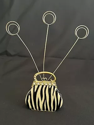 Enameled Purse Zebra Jeweled Photo Holder Tree Gold Tone Metal Wire Cards Notes • $15