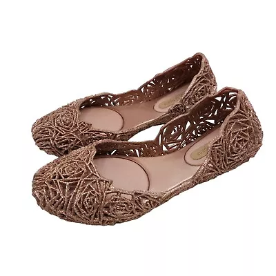 Melissa Campana Fitas Gold Glitter Rosette  Jellie Flats Women's Size 5 • $29.99