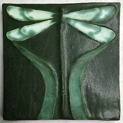 EPHRAIM FAIENCE ART POTTERY TILE DRAGONFLY RICH MATTE GREEN VINTAGE 6”x6” • $169.99