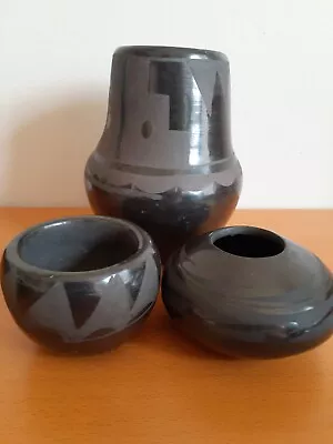 Three (3) Vintage San Ildefonso Black On Black Pottery Jars. • $295