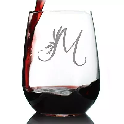 Monogram Floral Letter M - Stemless Wine Glass - Standard Transparent  • $37.16
