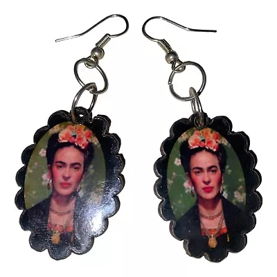 Frida Kahlo Wood And Metal Drop Oval Scalloped Earrings Costume Jewellery • $20.52