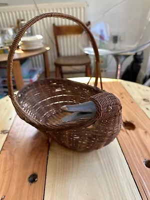 £20 • Buy Vintage Rattan & Wicker Woven Duck Shape Egg Basket With Carved Wooden Beak