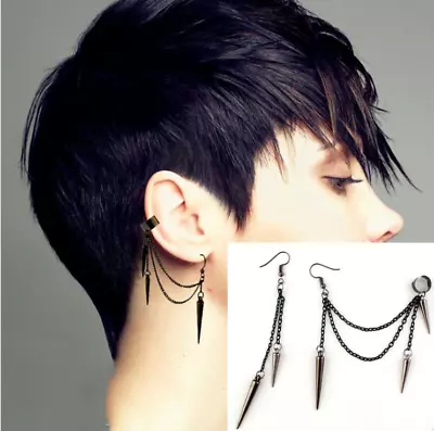 Black Punk Rock Rivets Chain Tassel Dangle Ear Hook Cuff Wrap 80’s Earrings P29 • $3.95