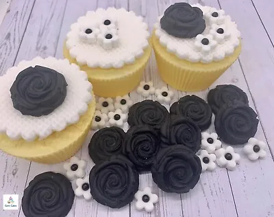 Black Edible Roses & White  Sugar Fondant Flowers Cake  Topper Birthday Wedding • £6.99